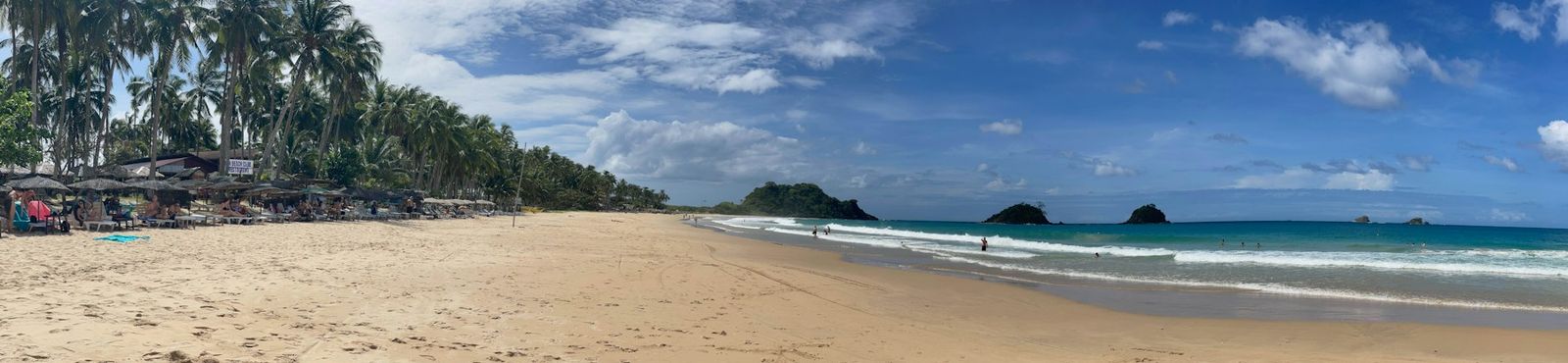 Golden beach backed by palm trees at Bucana, El Nido, with the sea on the left